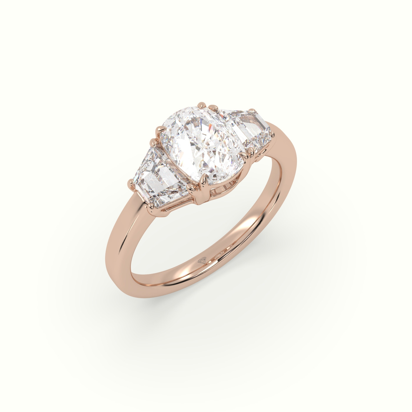 18K Rose Gold Cushion Diamond Trilogy Trapezium Engagement Ring