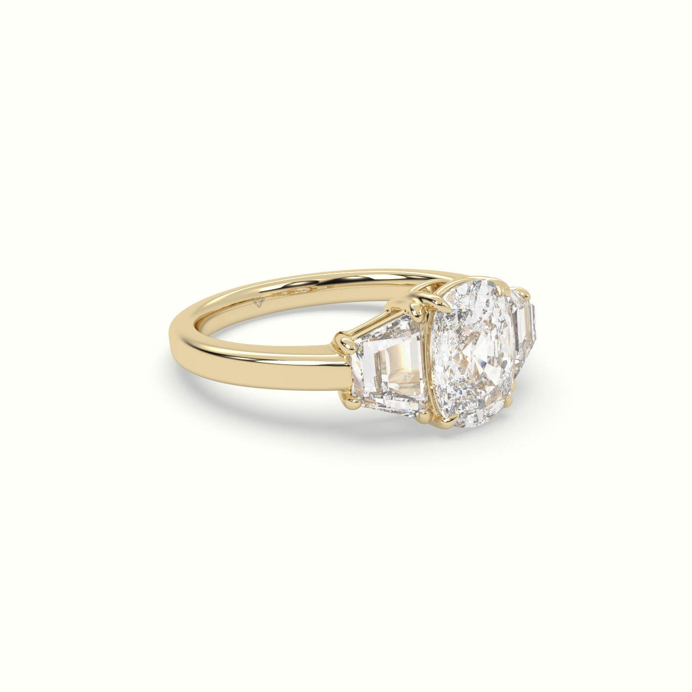 18K Yelllow Gold Cushion Diamond Trilogy Trapezium Engagement Ring