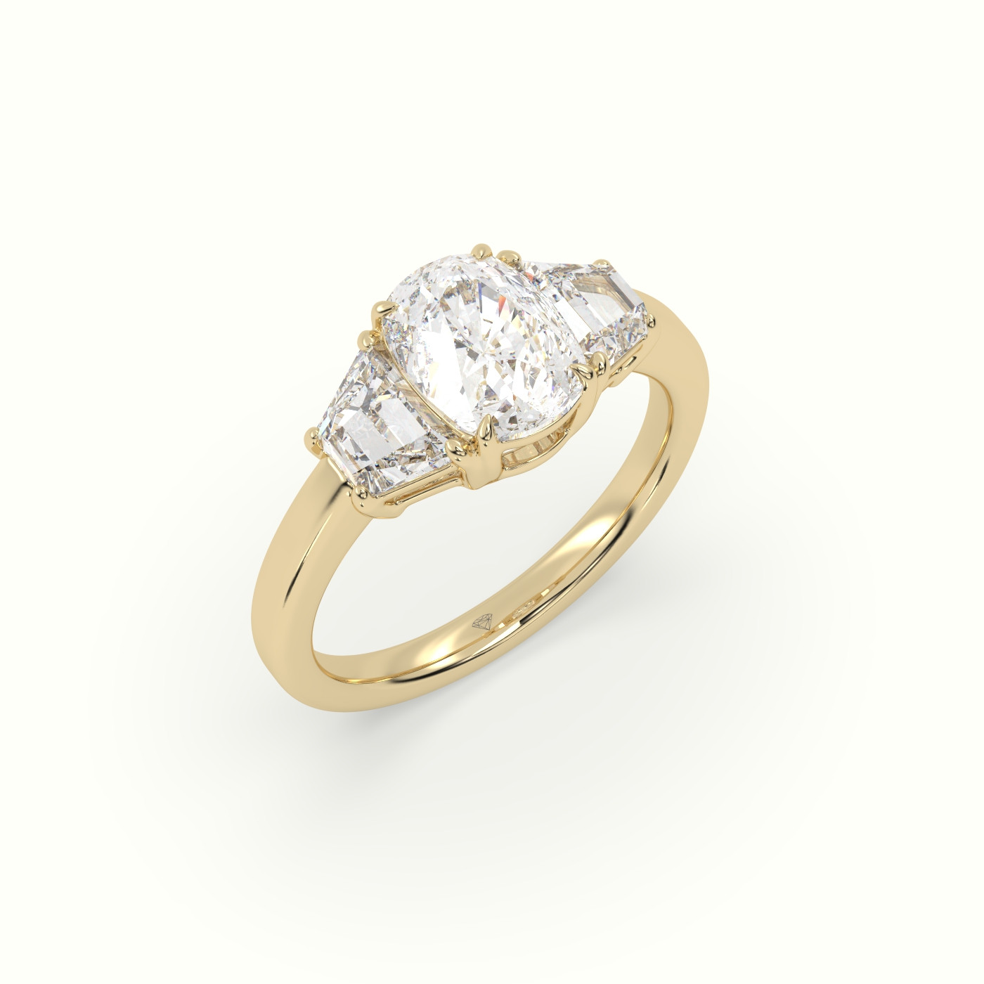 10K Yelllow Gold Cushion Diamond Trilogy Trapezium Engagement Ring