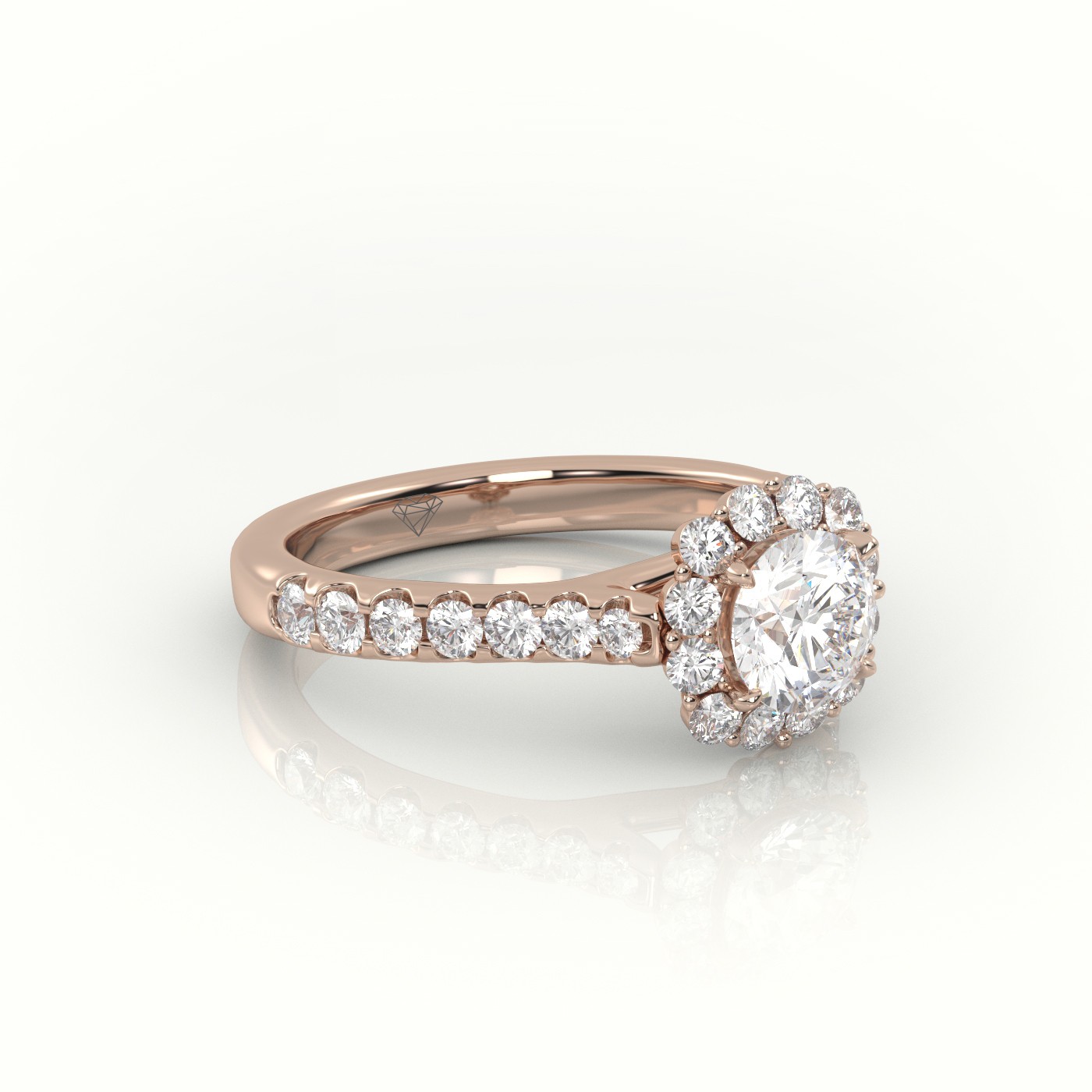 18K ROSE GOLD ROUND-CUT DIAMOND 4 PRONGS HALO SCALLOP SETTING ENGAGEMENT RING