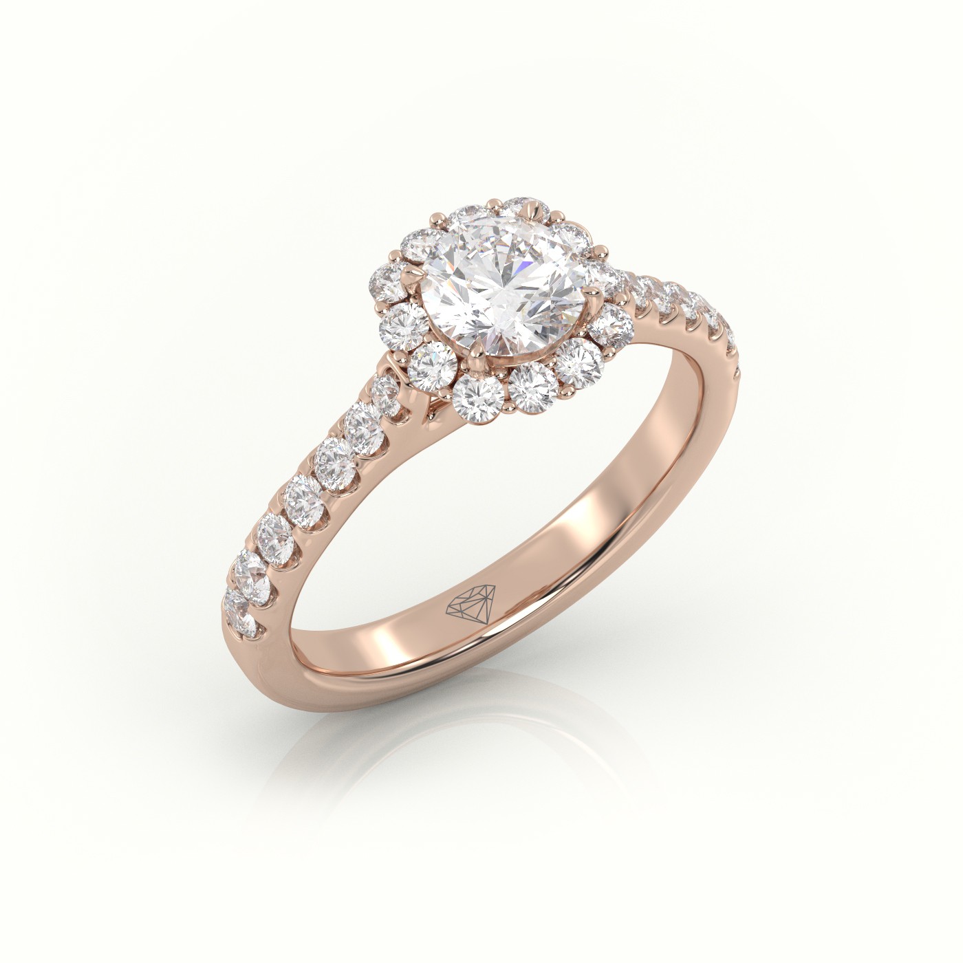 18K ROSE GOLD ROUND-CUT DIAMOND 4 PRONGS HALO SCALLOP SETTING ENGAGEMENT RING