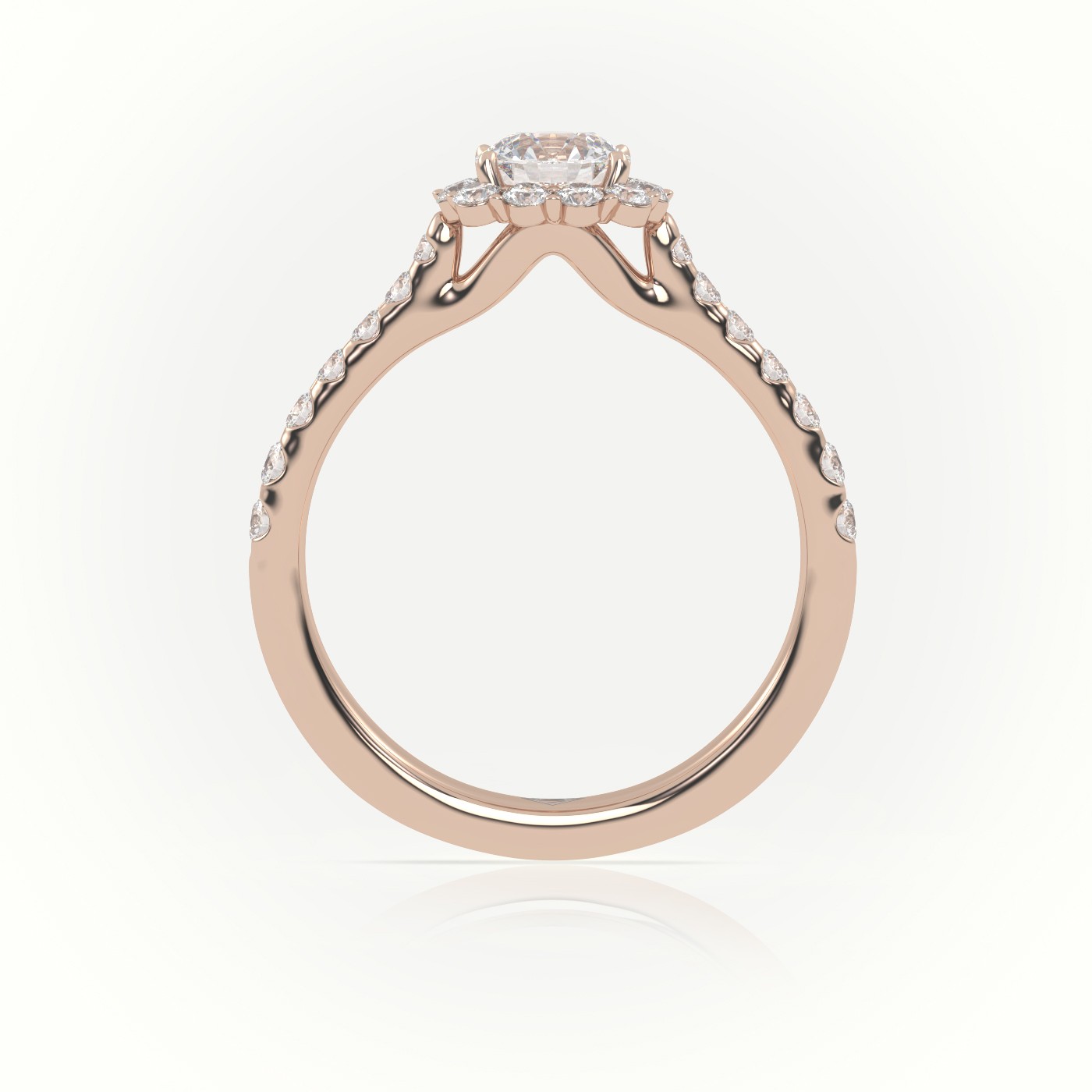 18K ROSE GOLD ROUND-CUT DIAMOND 4 PRONGS HALO SCALLOP SETTING ENGAGEMENT RING