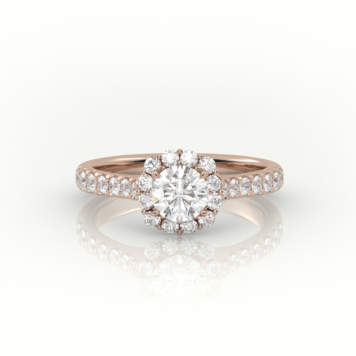 18K ROSE GOLD ROUND-CUT DIAMOND 4 PRONGS HALO SCALLOP SETTING ENGAGEMENT RING
