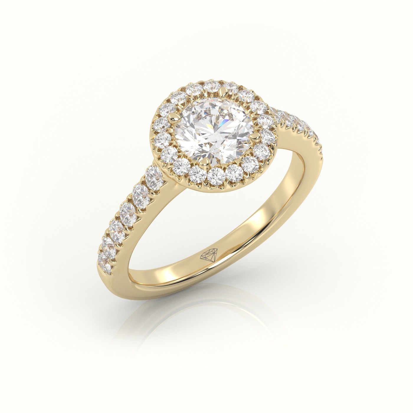 18K YELLOW GOLD ROUND-CUT-DIAMOND 4 PRONGS HALO SCALLOP SETTING ENGAGEMENT RING