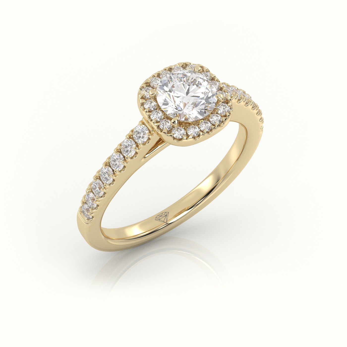 18K YELLOW GOLD ROUND-CUT DIAMOND HALO SCALLOP SETTING ENGAGEMENT RING