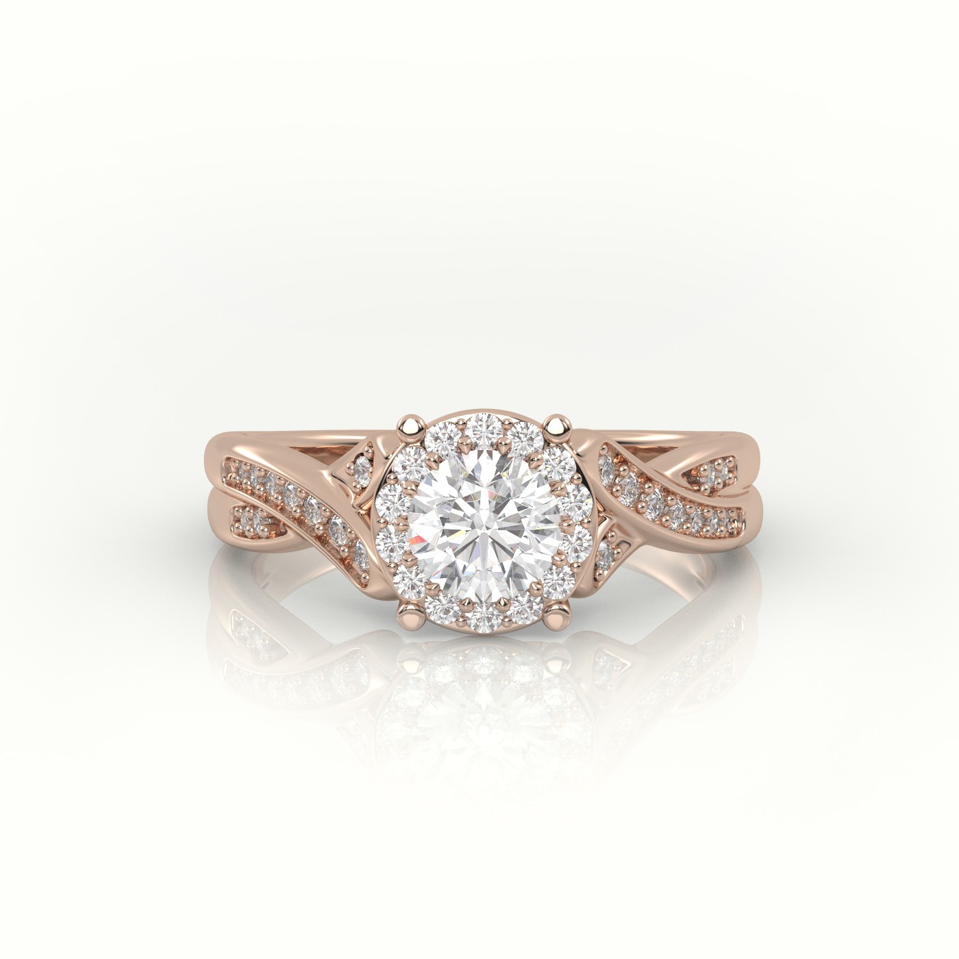 18K ROSE GOLD ROUND CUT DIAMOND HALO CRISS CROSS DESIGNER ENGAGEMENT RING