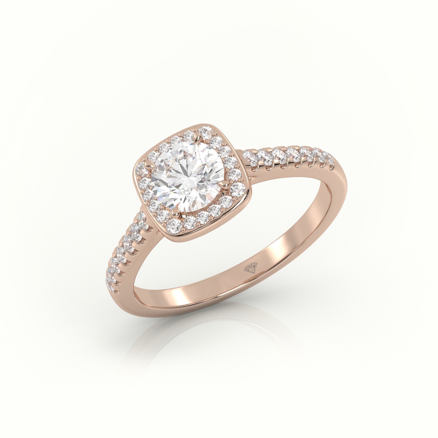 18K ROSE GOLD ROUND-CUT DIAMOND HALO SCALLOP-SETTING ENGAGEMENT RING