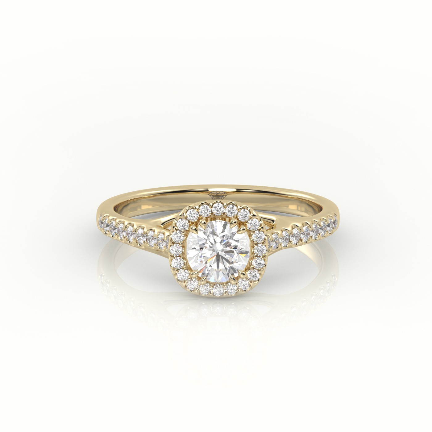 18K YELLOW GOLD ROUND CUT DIAMOND 8 PRONGS HALO SCALLOP SETTING ENGAGEMENT RING