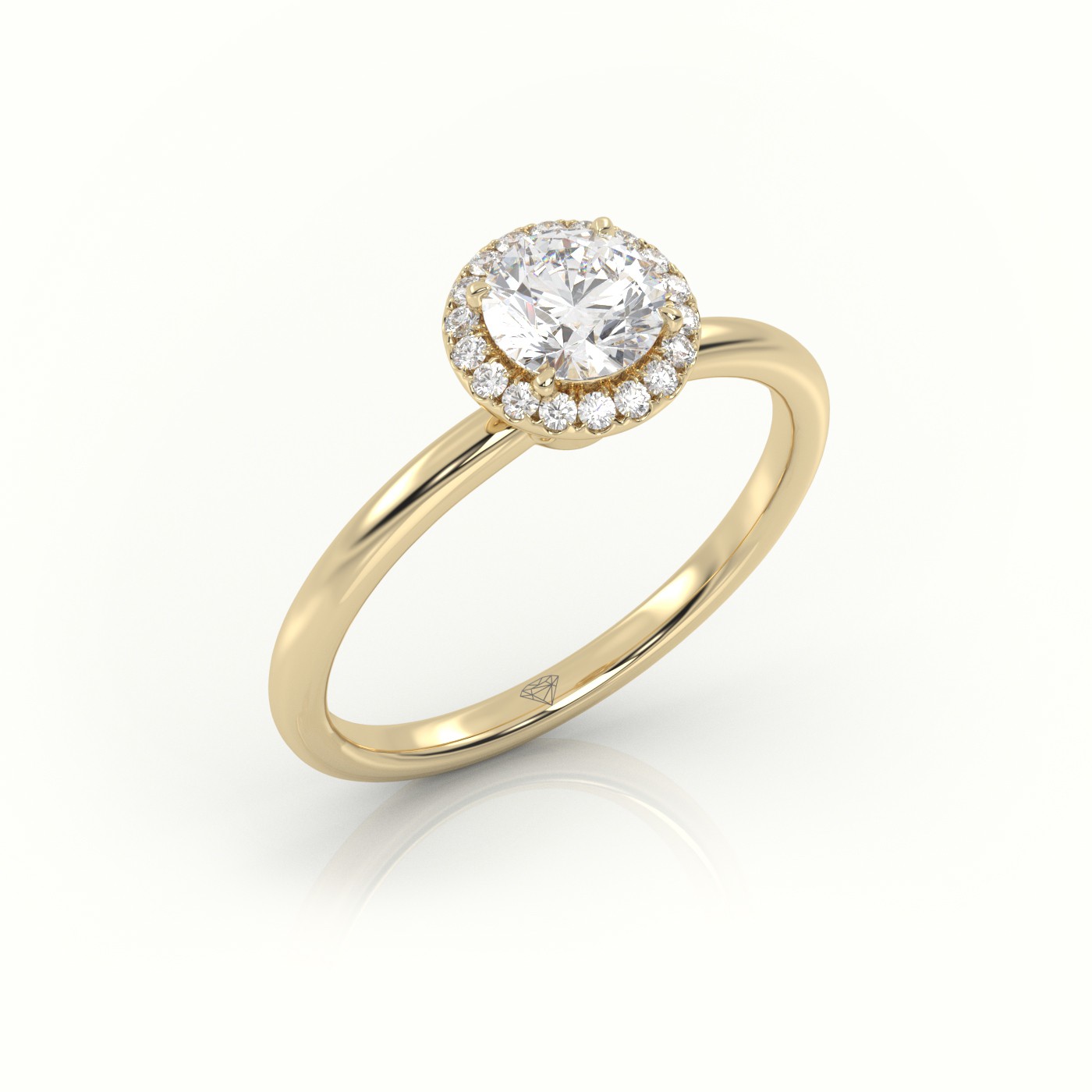 18K YELLOW GOLD ROUND-CUT DIAMOND 4 PRONGS HALO SETTING ENGAGEMENT RING