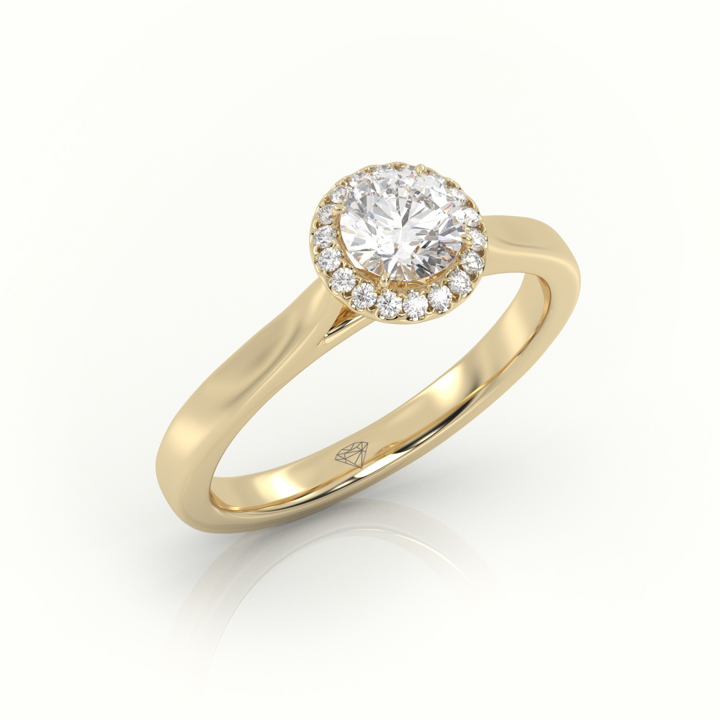 18K YELLOW GOLD ROUND CUT DIAMOND 4 PRONGS HALO SETTING ENGAGEMENT RING