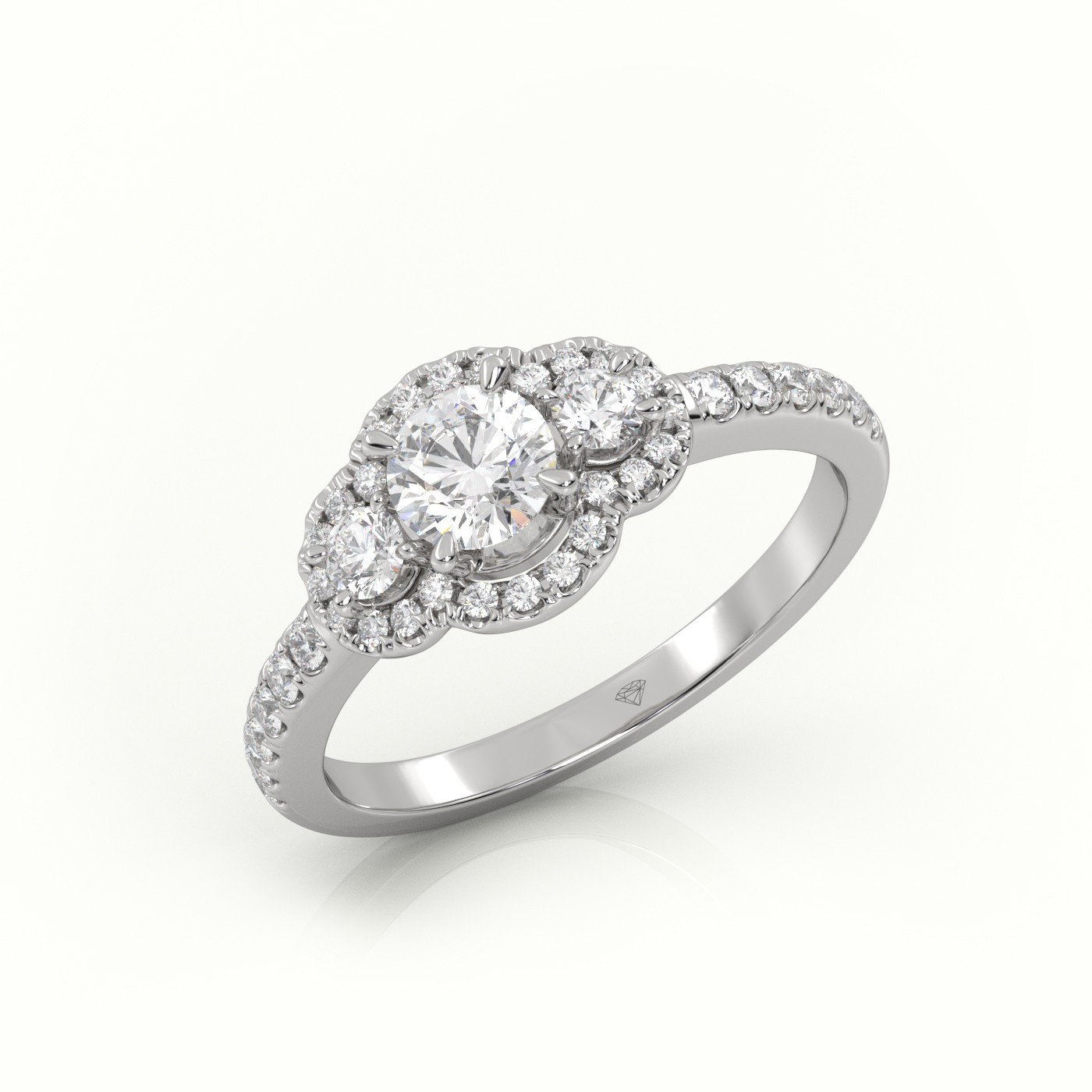 18K WHITE GOLD ROUND-CUT DIAMOND SIDE STONE DESIGNER ENGAGEMENT RING