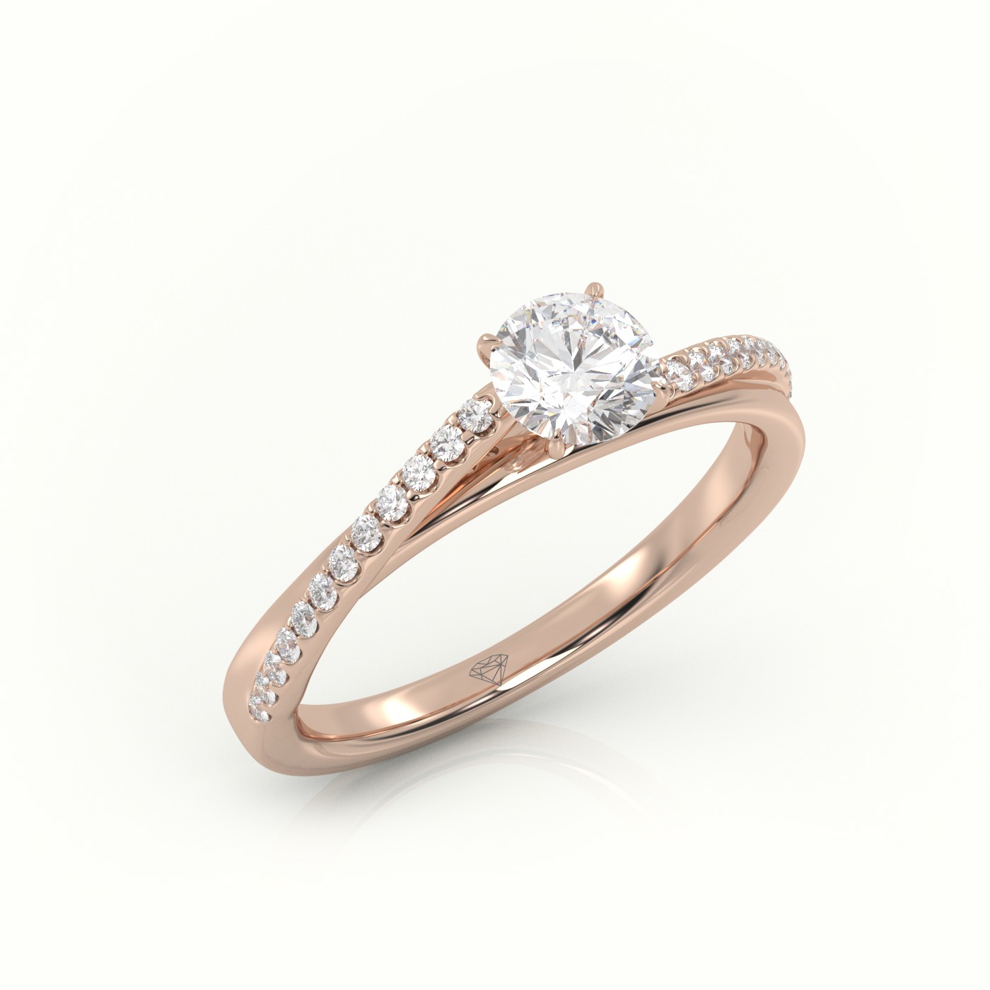 18 Karat Rose Gold Round Diamond 4 Prongs Twisted Pave Setting Engagement Ring
