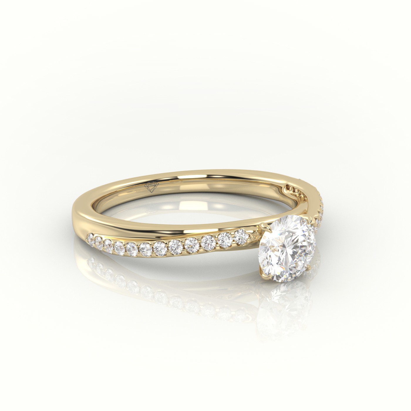 18 Karat Yellow Gold Round Diamond 4 Prongs Twisted Pave Setting Engagement Ring