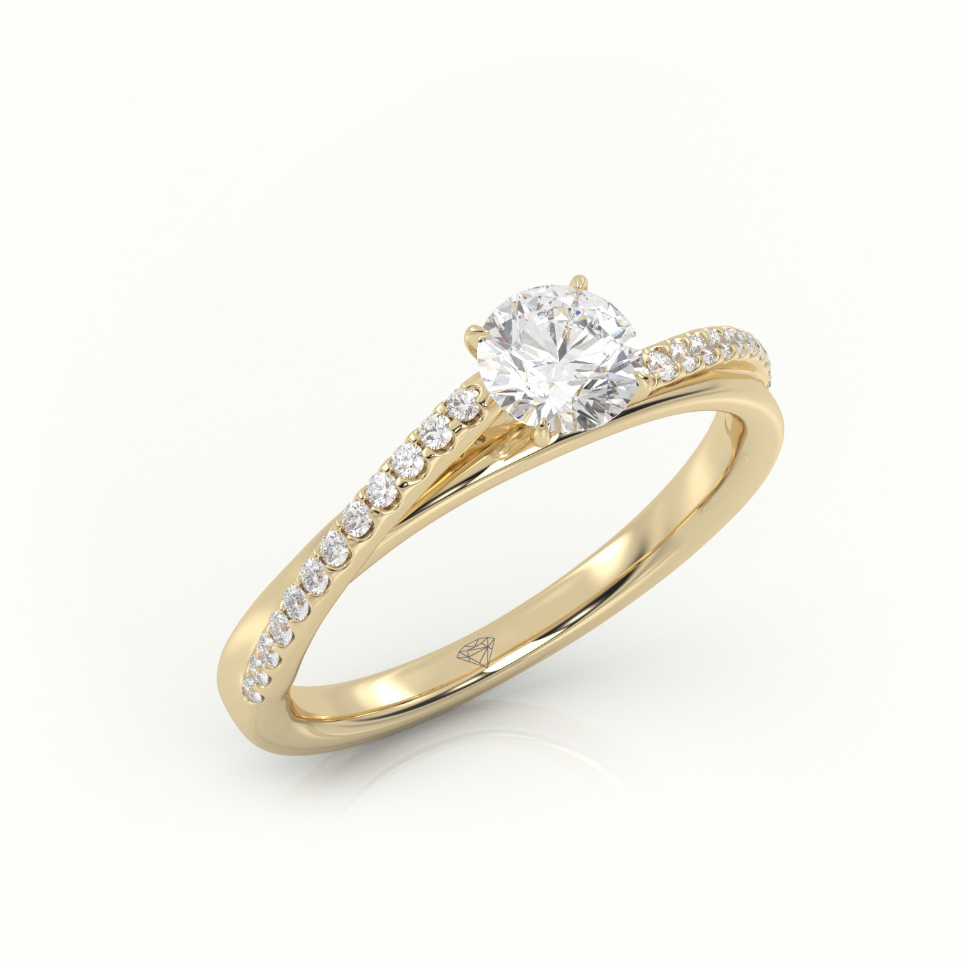 18 Karat Yellow Gold Round Diamond 4 Prongs Twisted Pave Setting Engagement Ring