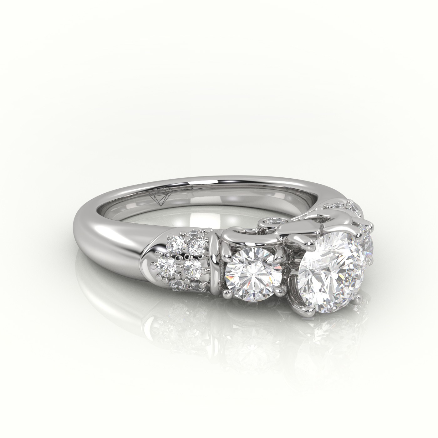 18K WHITE GOLD ROUND CUT DIAMOND 4 PRONGS SIDE STONE DESIGNER ENGAGEMENT RING