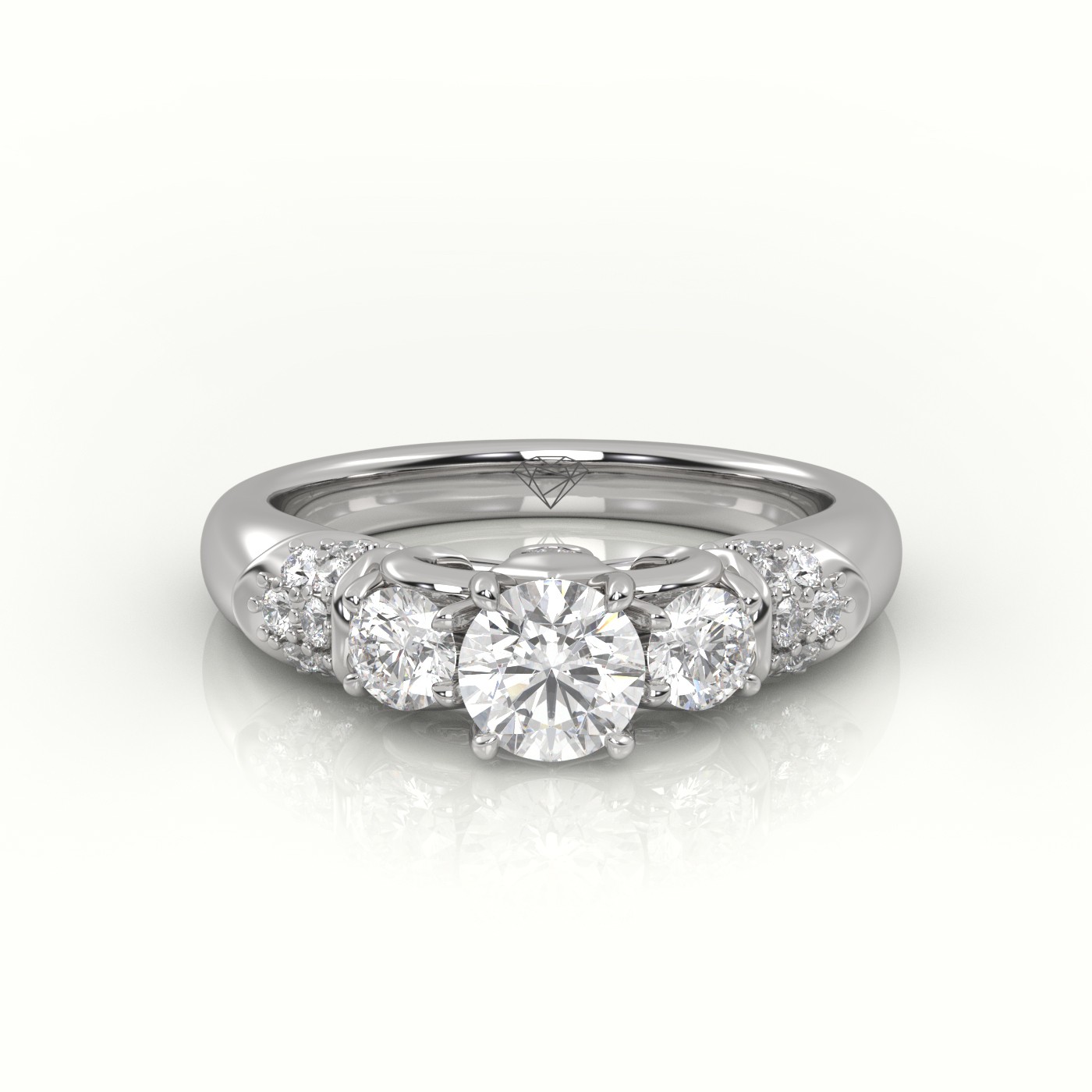 18K WHITE GOLD ROUND CUT DIAMOND 4 PRONGS SIDE STONE DESIGNER ENGAGEMENT RING