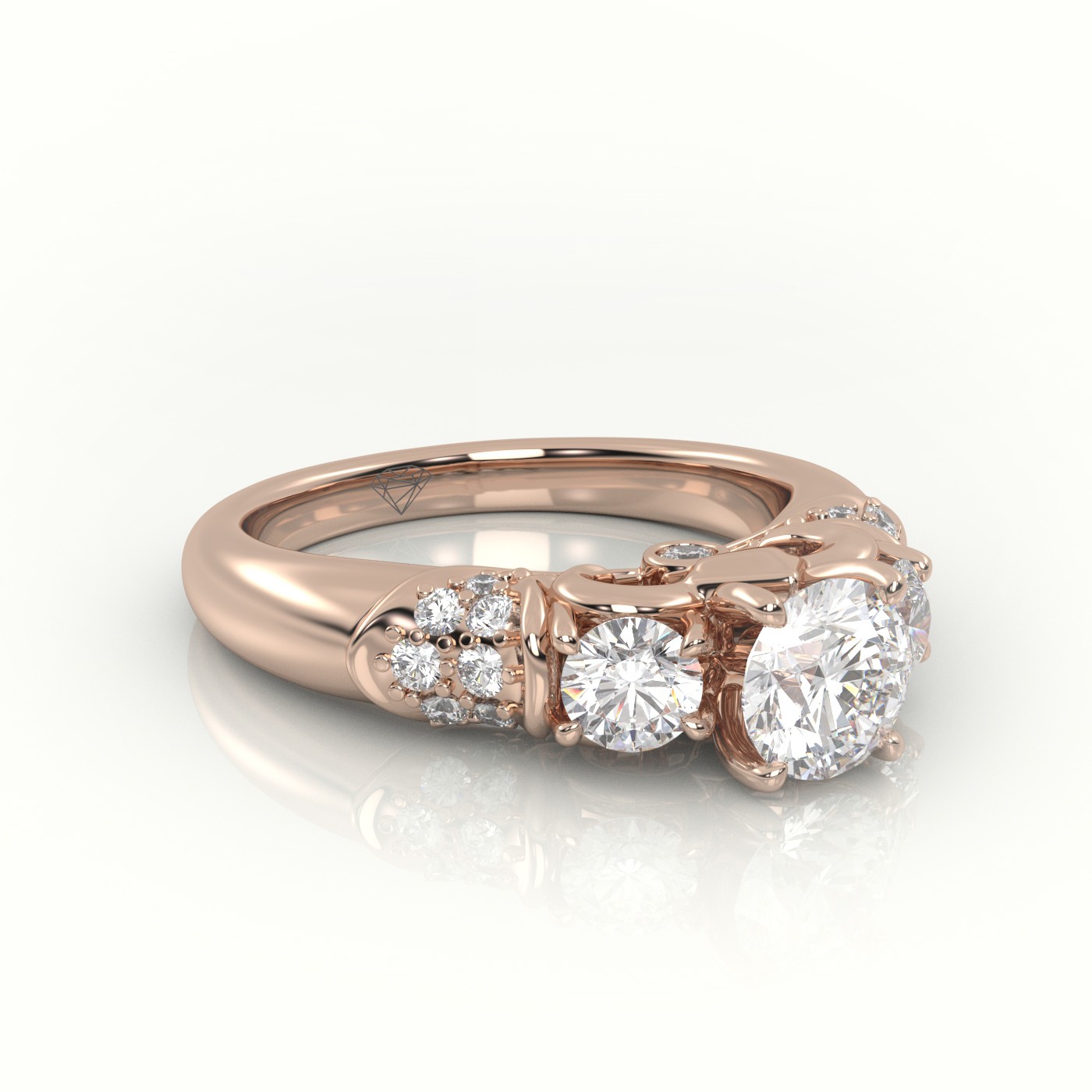 18K ROSE GOLD ROUND CUT DIAMOND 4 PRONGS SIDE STONE DESIGNER ENGAGEMENT RING
