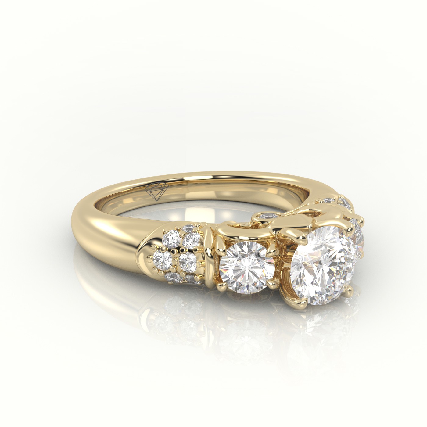 18K YELLOW GOLD ROUND CUT DIAMOND 4 PRONGS SIDE STONE DESIGNER ENGAGEMENT RING