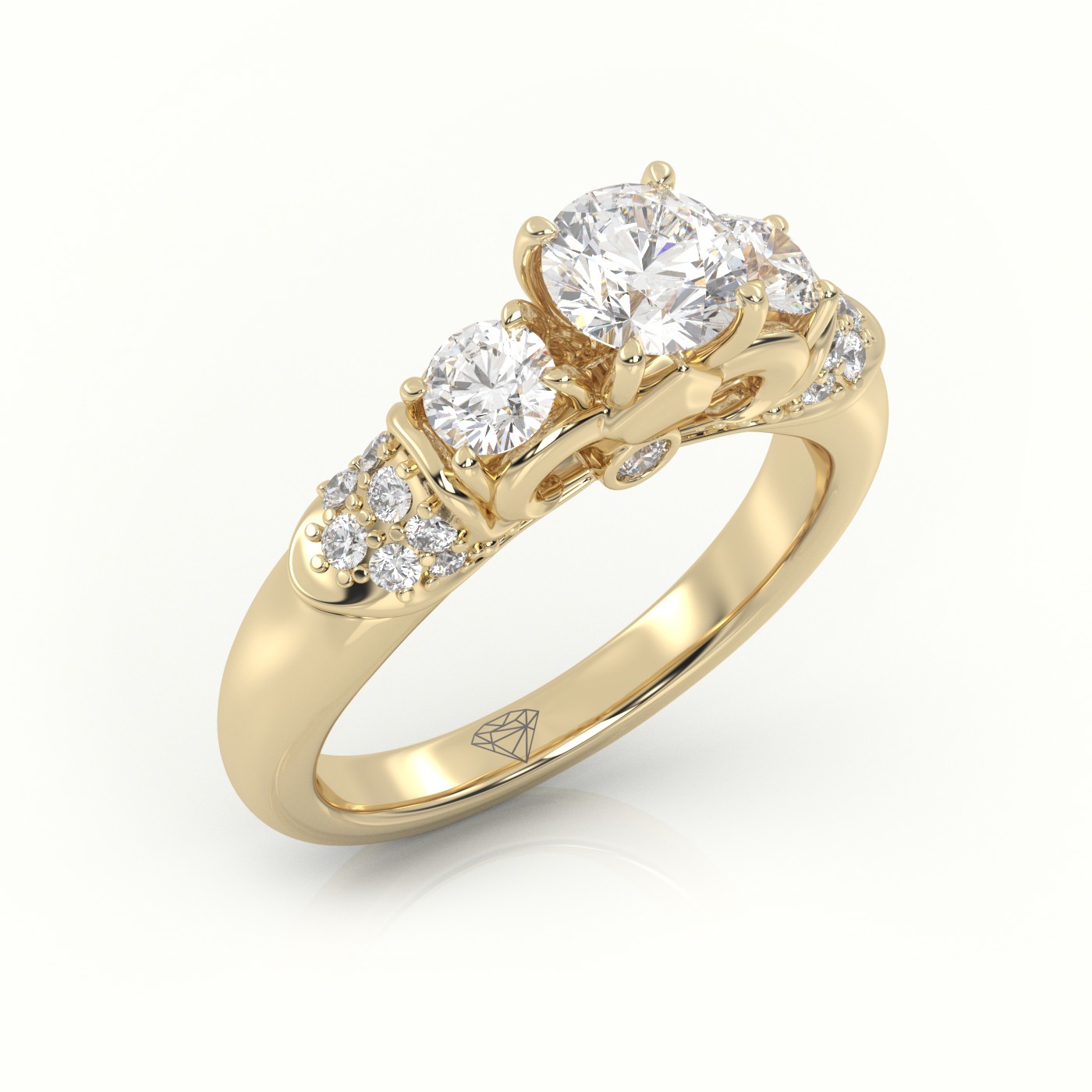 18K YELLOW GOLD ROUND CUT DIAMOND 4 PRONGS SIDE STONE DESIGNER ENGAGEMENT RING