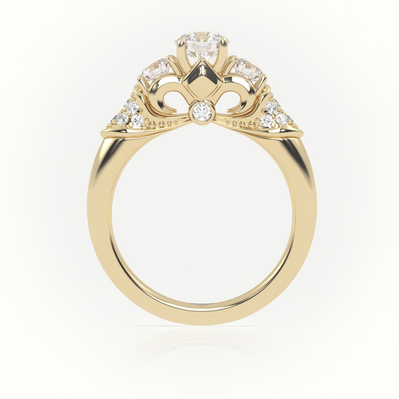 18K YELLOW GOLD ROUND CUT DIAMOND 4 PRONGS SIDE STONE DESIGNER ENGAGEMENT RING