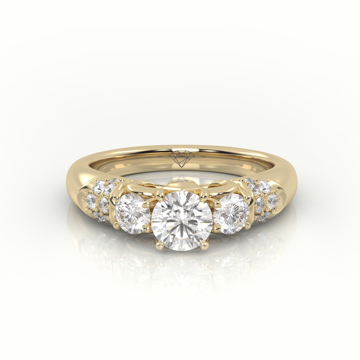 18K YELLOW GOLD ROUND CUT DIAMOND 4 PRONGS SIDE STONE DESIGNER ENGAGEMENT RING