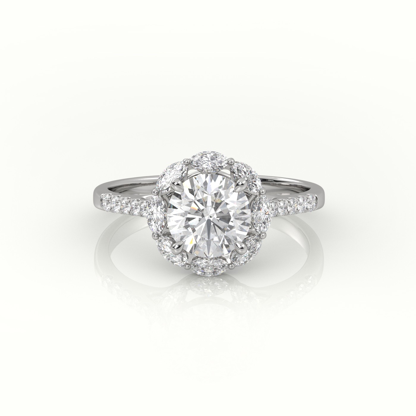 18K WHITE GOLD ROUND CUT DIAMOND 4 PRONGS HALO PAVE SETTING ENGAGEMENT RING