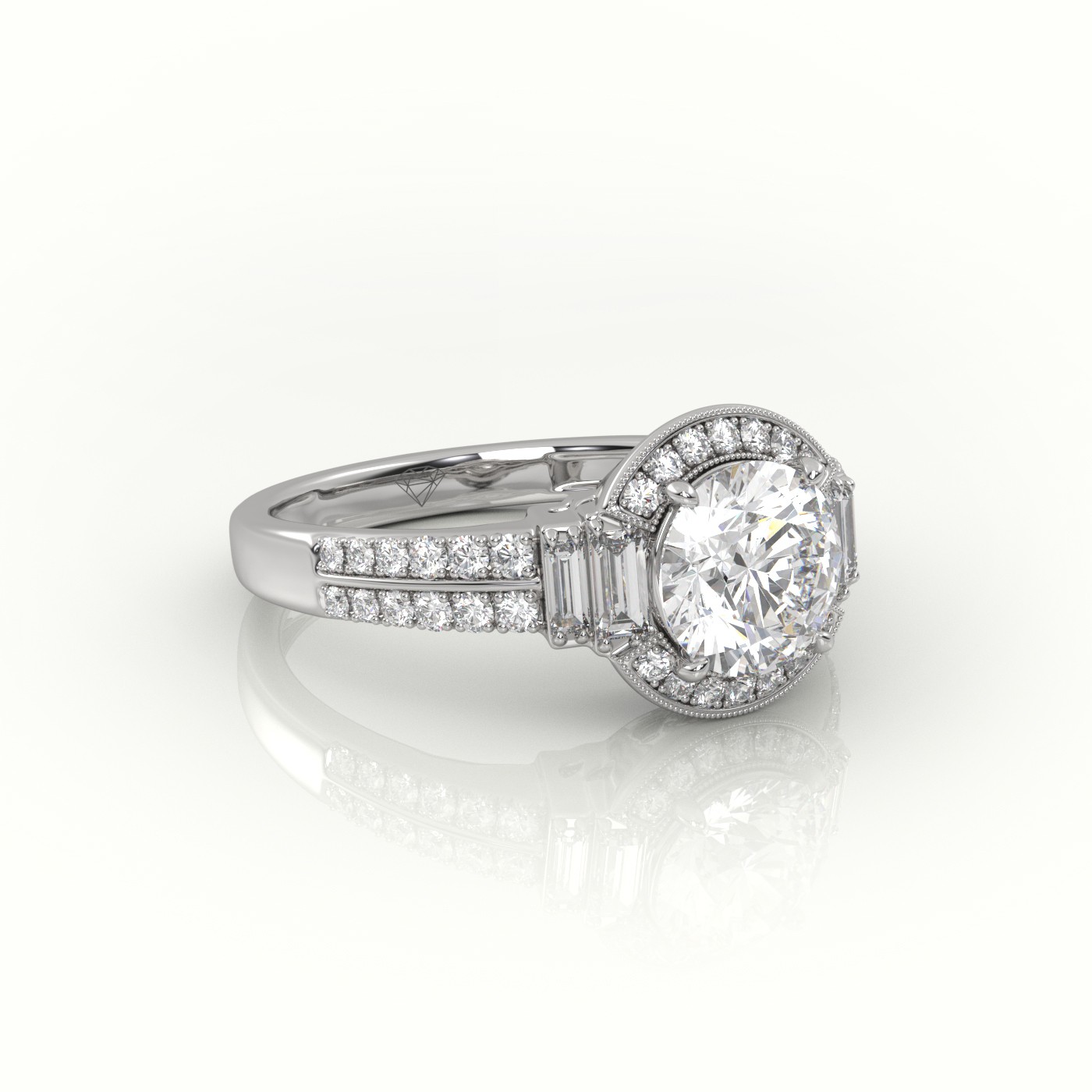 18K WHITE GOLD ROUND CUT DIAMOND DESIGNER MILGRAIN SETTING ENGAGEMENT RING