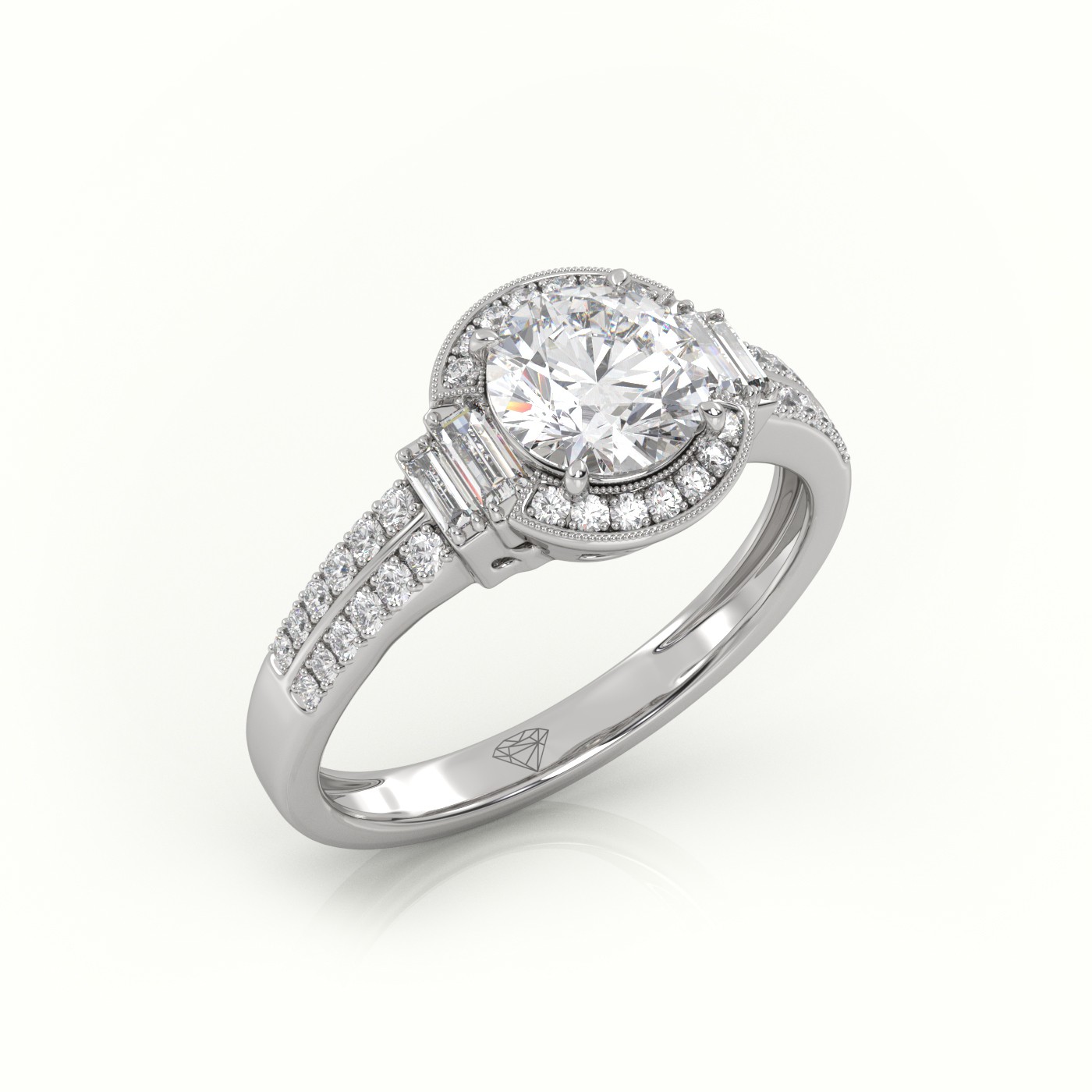 18K WHITE GOLD ROUND CUT DIAMOND DESIGNER MILGRAIN SETTING ENGAGEMENT RING