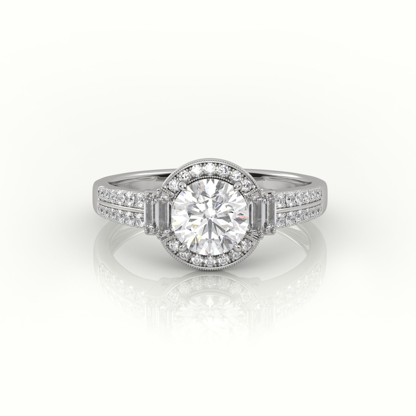 18K WHITE GOLD ROUND CUT DIAMOND DESIGNER MILGRAIN SETTING ENGAGEMENT RING
