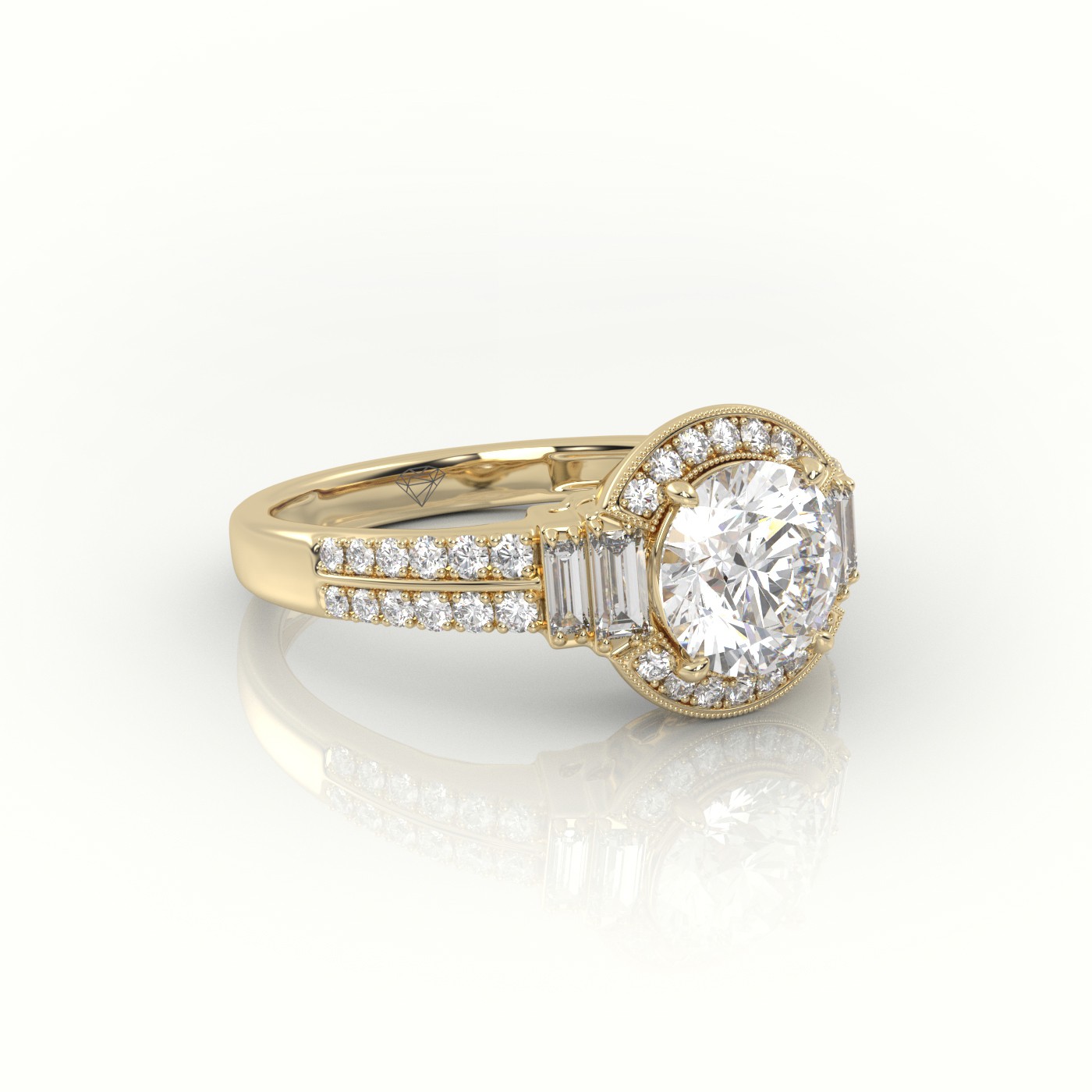 18K YELLOW GOLD ROUND CUT DIAMOND DESIGNER MILGRAIN SETTING ENGAGEMENT RING