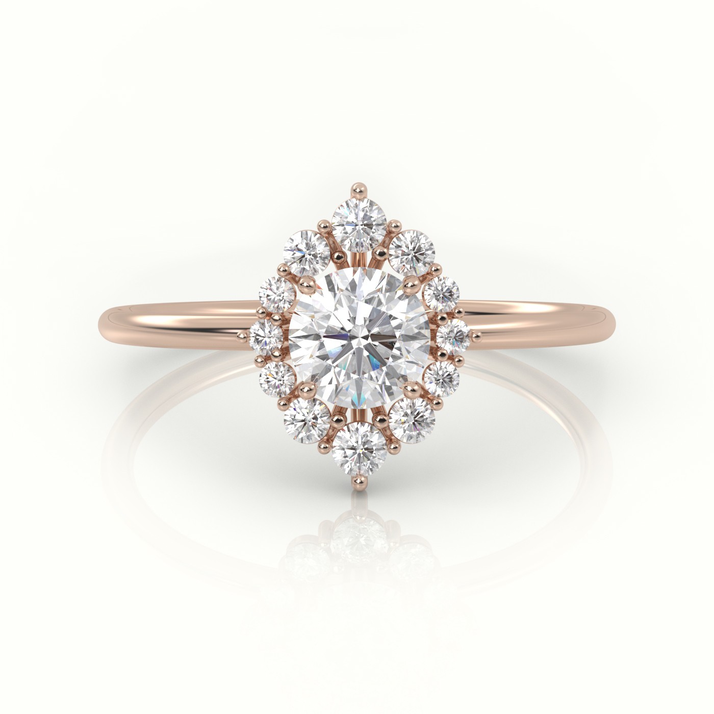 18K ROSE GOLD ROUND CUT DIAMOND HALO MARQUISE DESIGNER RING