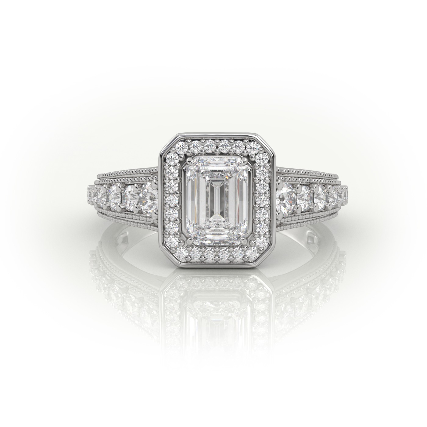 18K WHITE GOLD EMERALD CUT 4 PRONGS MILGRAIN SET DESIGNER ENGAGEMENT RING