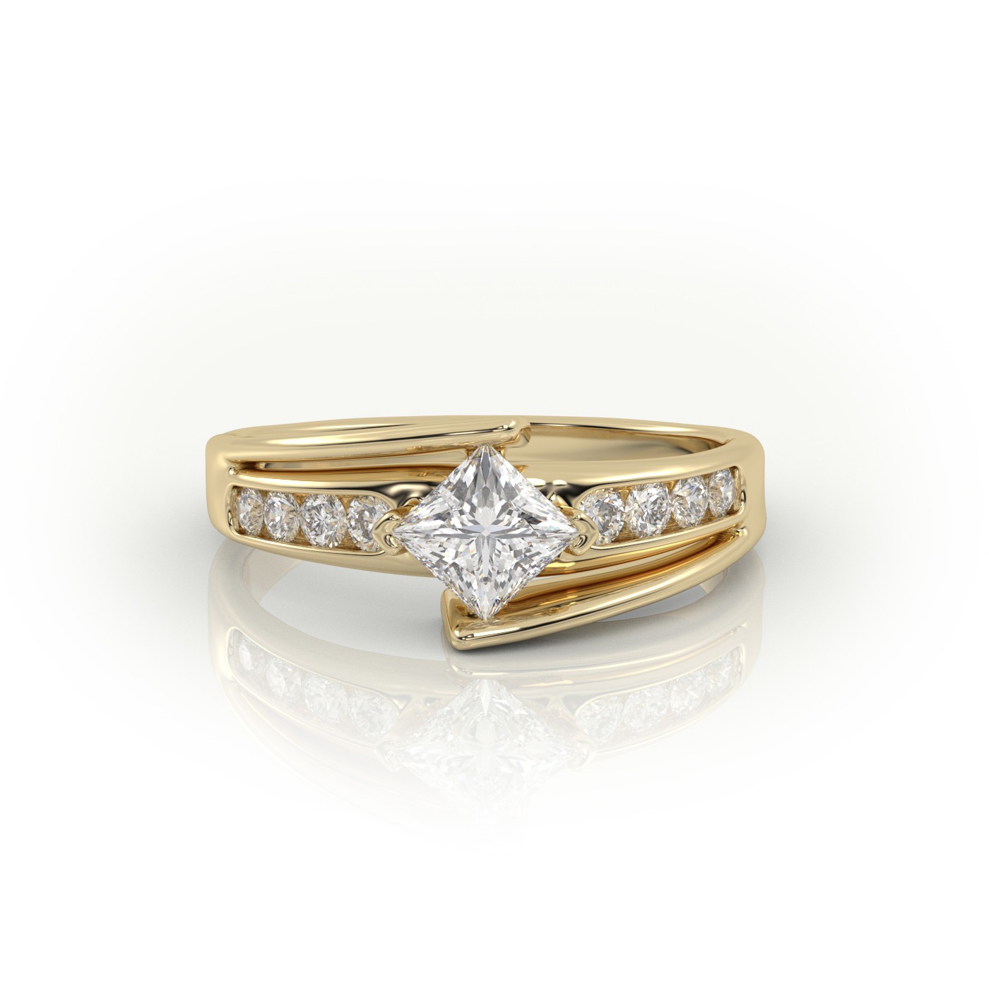 18K YELLOW GOLD PRINCESS CUT 2 PRONGS DESIGNER ENGAGEMENT RING