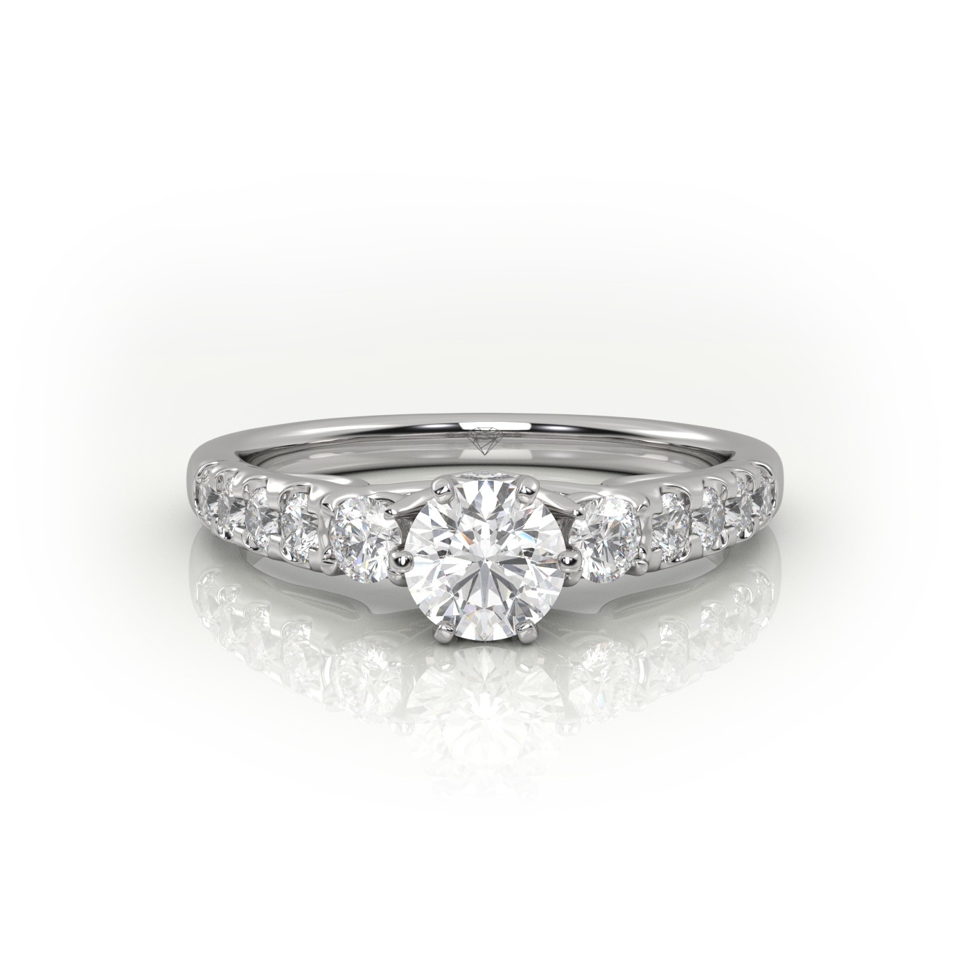 18K WHITE GOLD ROUND CUT 6 PRONGS SIDE STONE SCALLOP SET ENGAGEMENT RING