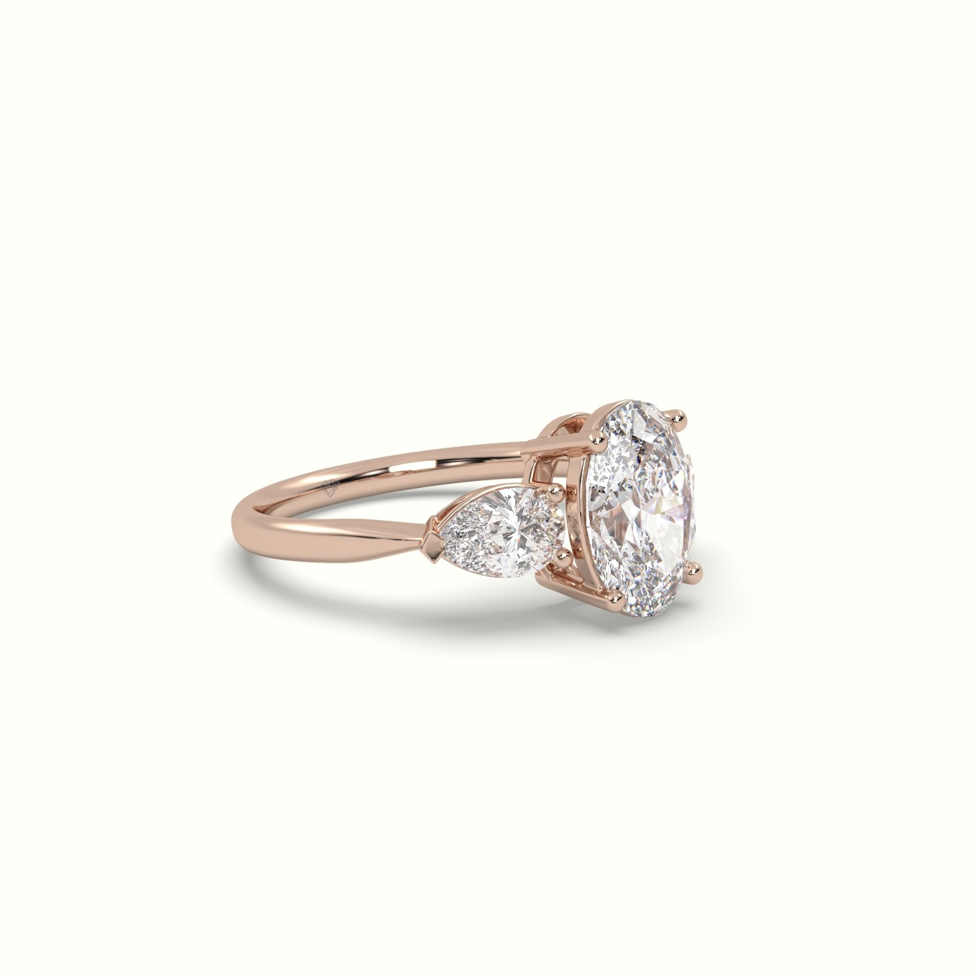 18K ROSE GOLD Oval Diamond 4 round prongs Trilogy Ring pear shape side stone | Precious Jewels Antwerp