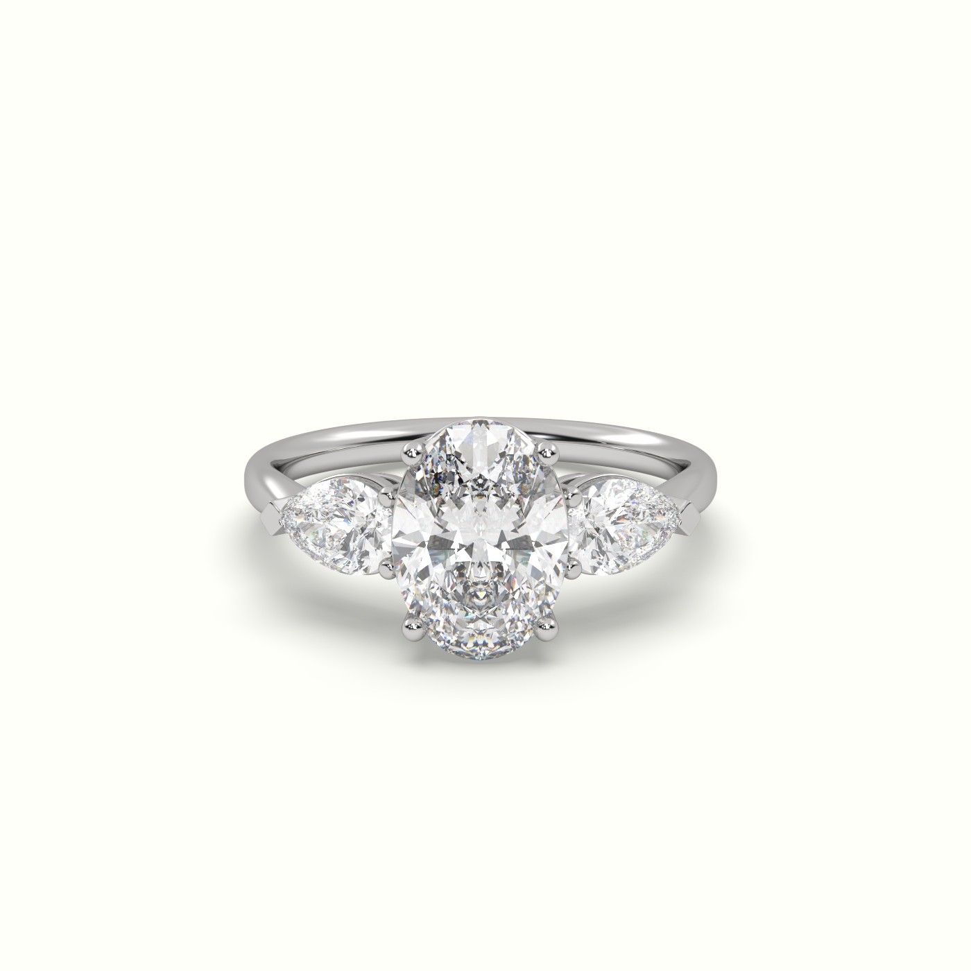 18K WHITE GOLD Oval Diamond 4 round prongs Trilogy Ring pear shape side stone | Precious Jewels Antwerp Elegance