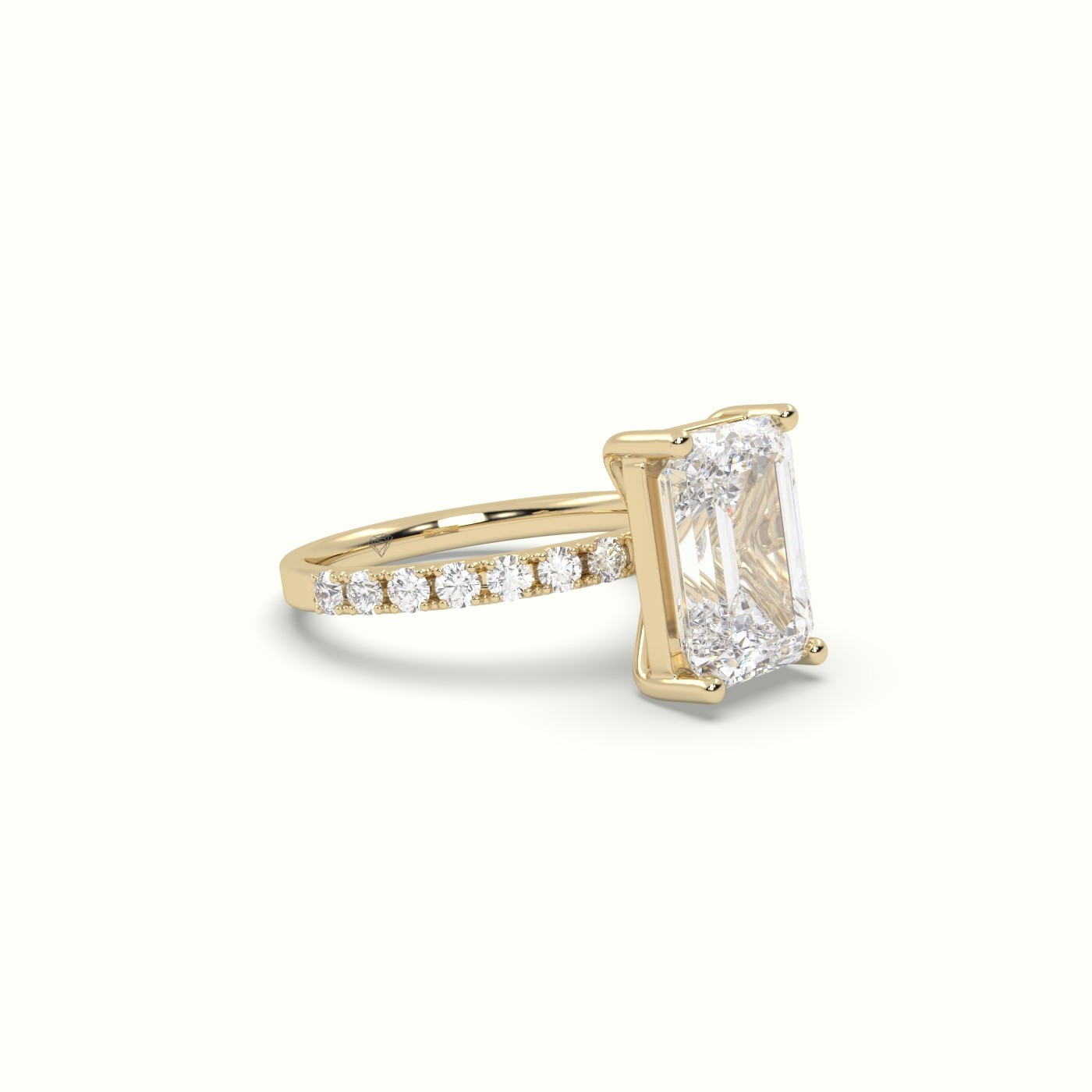 18K YELLOW GOLD Emerald Cut Diamond Engagement Ring with Pave Band