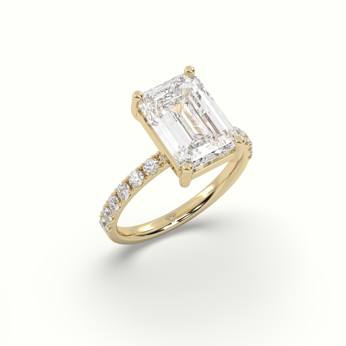 18K YELLOW GOLD Emerald Cut Diamond Engagement Ring with Pave Band