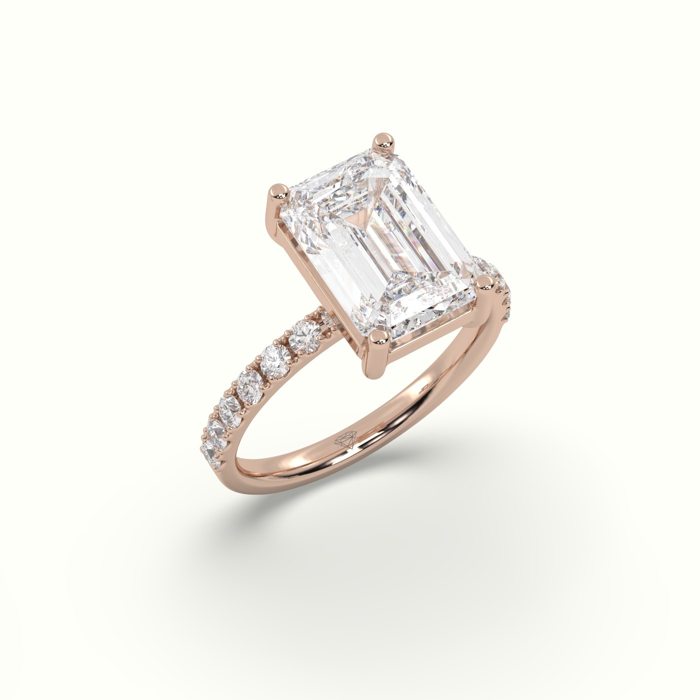 18K ROSE GOLD Emerald Cut Diamond Engagement Ring with Pave Band
