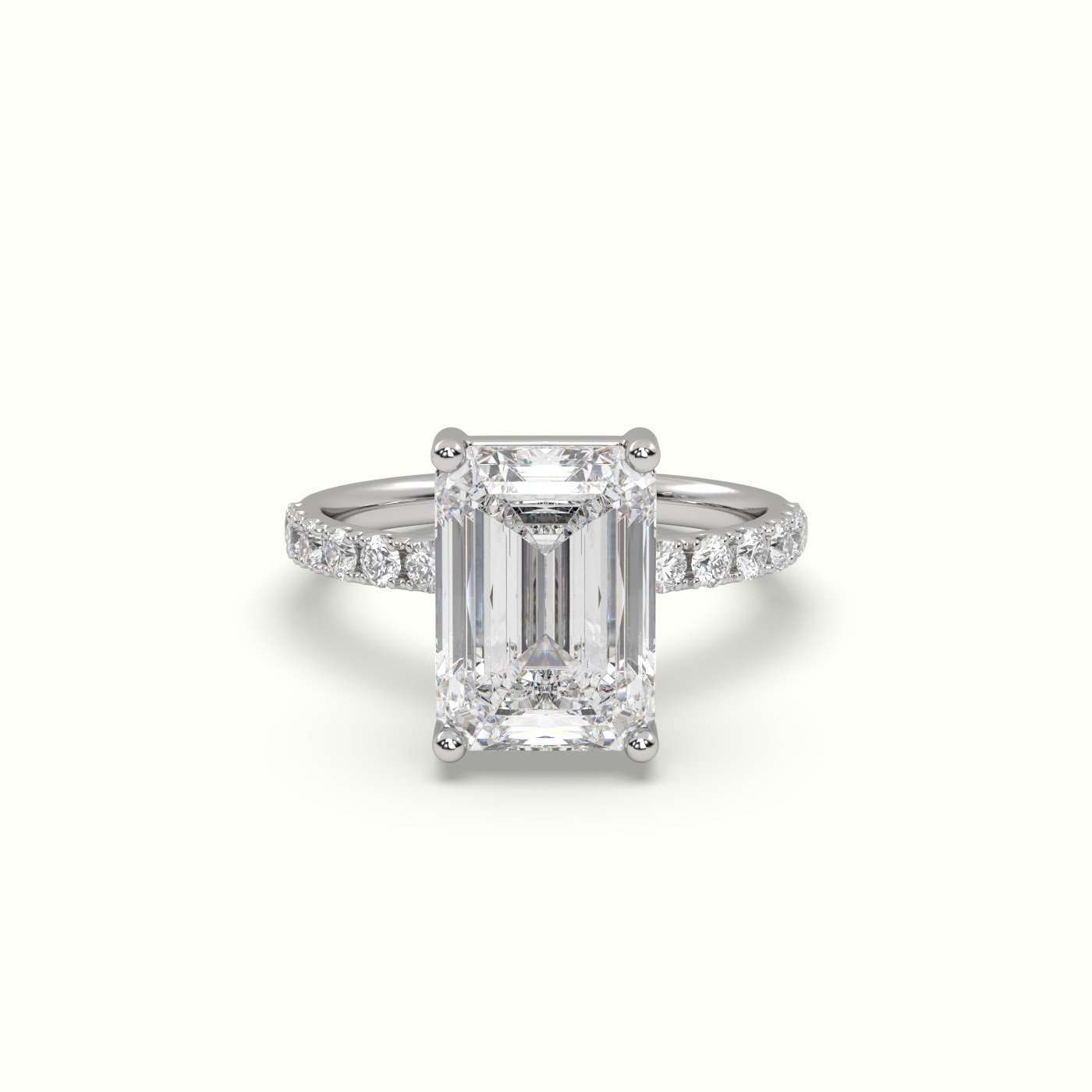 18K WHITE GOLD Emerald Cut Diamond 4 ROUND PRONGS Engagement Ring with Pave Band - Precious Jewels Antwerp Elegance