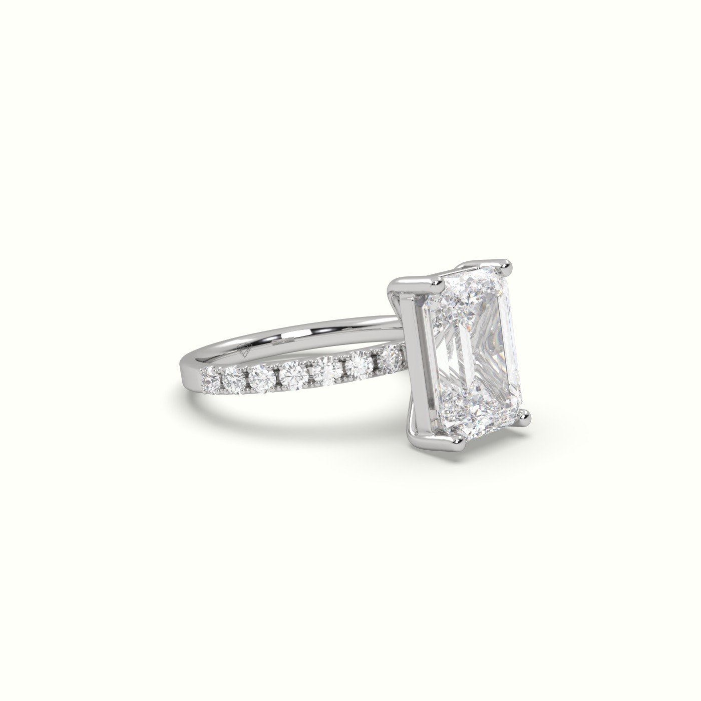 18K WHITE GOLD Emerald Cut Diamond 4 ROUND PRONGS Engagement Ring with Pave Band - Precious Jewels Antwerp Elegance