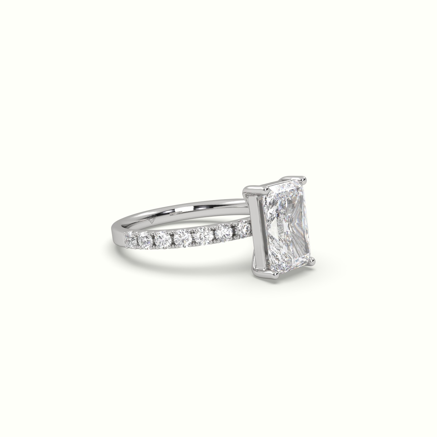 18K White Gold Radiant Diamond 4 prongs Ring with Pave Accents | Precious Jewels Antwerp Elegance