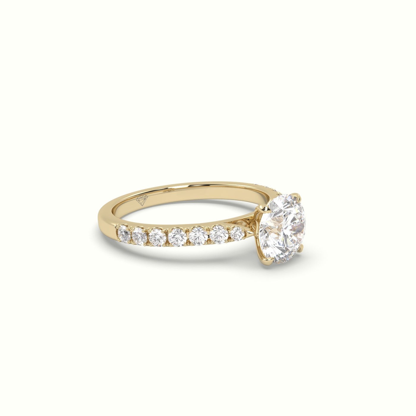 18K Yellow Gold Round Cut Diamond 4 round prongs Pave Band Ring