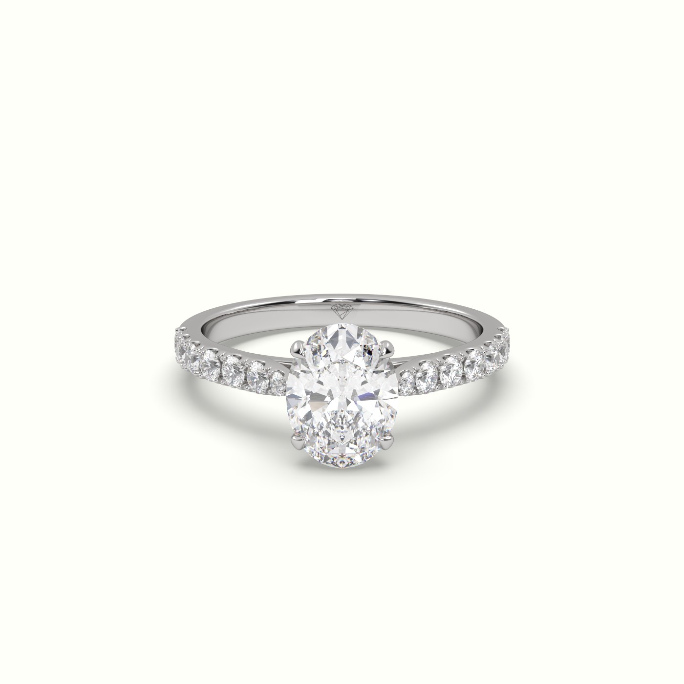 18K White Gold Oval Cut Diamond Engagement 4 round prongs Ring with Pave Set - Precious Jewels Antwerp Elegance: