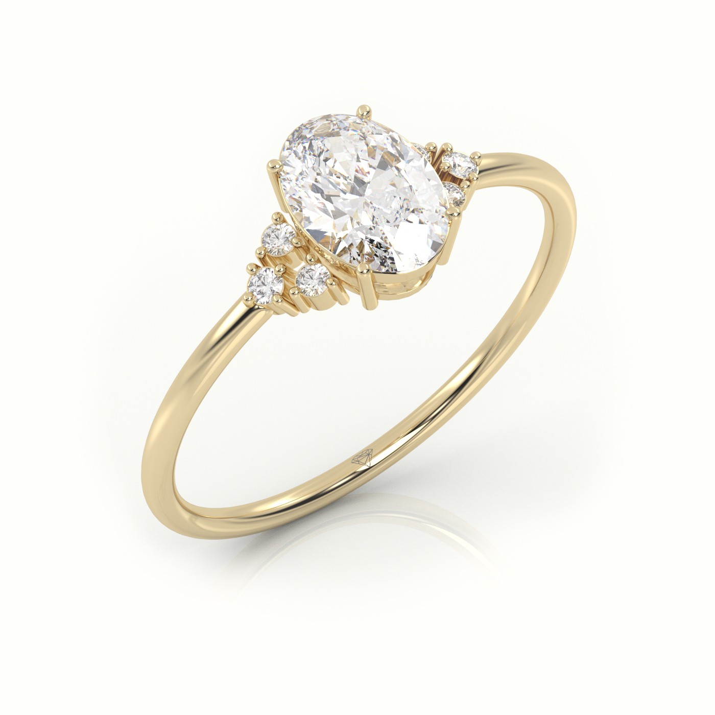 18K YELLOW GOLD OVAL CUT DIAMOND 4 PRONGS SIDE STONE DESIGNER RING
