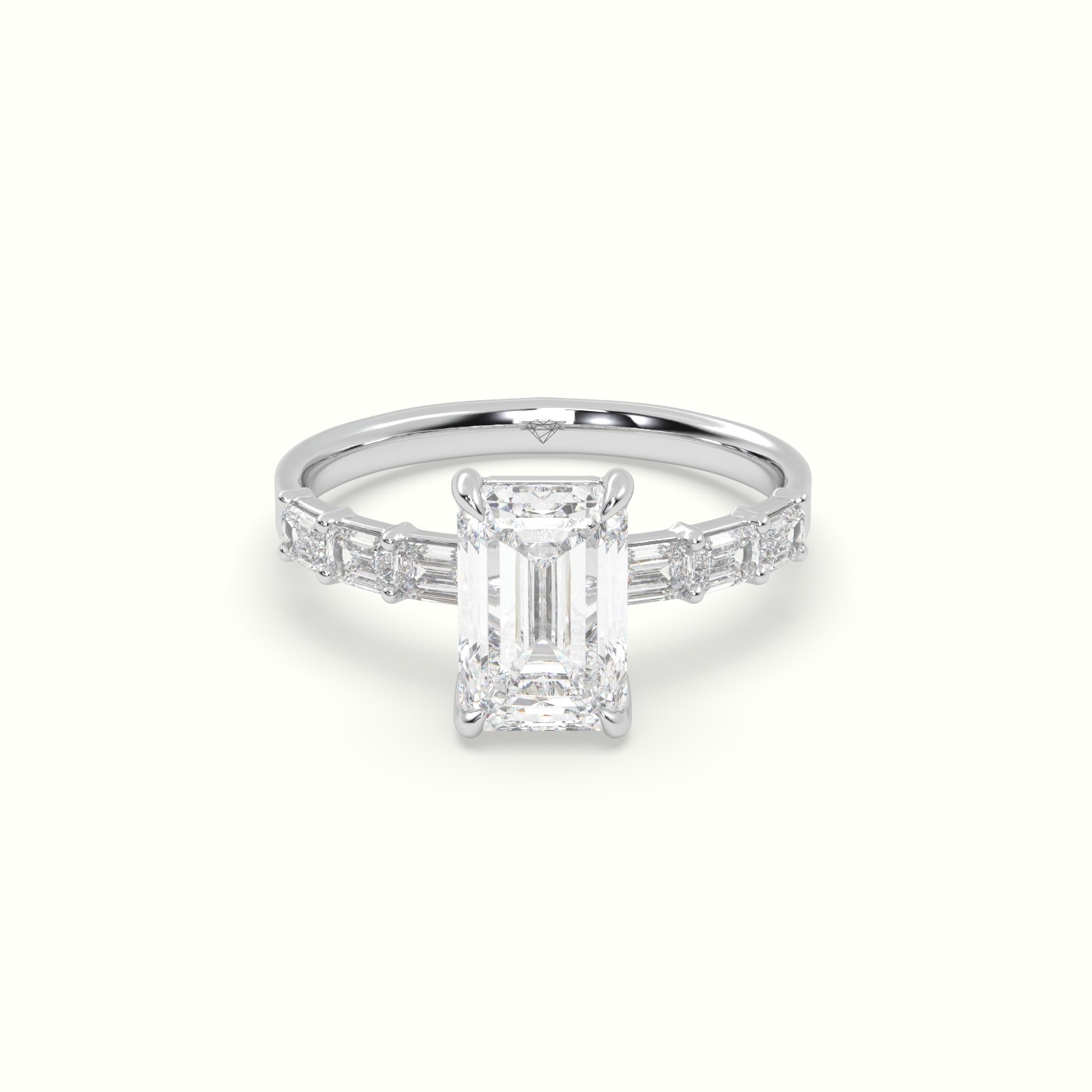 18K White Gold Emerald Cut Diamond Engagement Ring with Baguette Side Stones