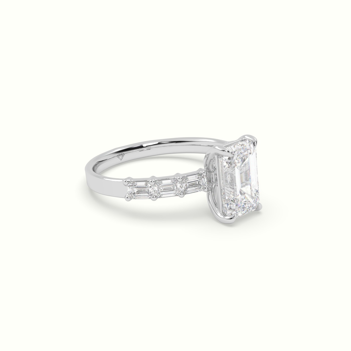 18K White Gold Emerald Cut Diamond Engagement Ring with Baguette Side Stones