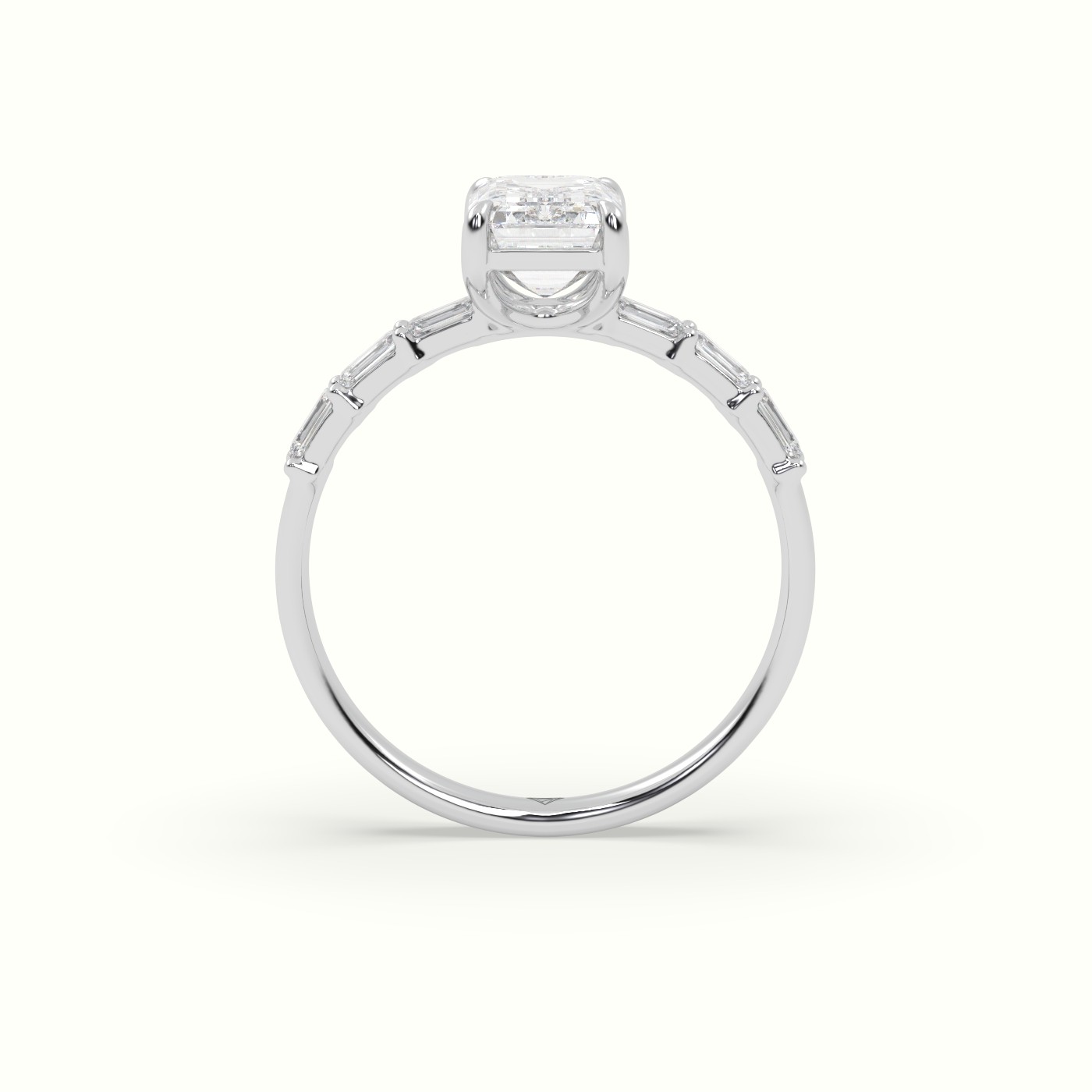 18K White Gold Emerald Cut Diamond Engagement Ring with Baguette Side Stones