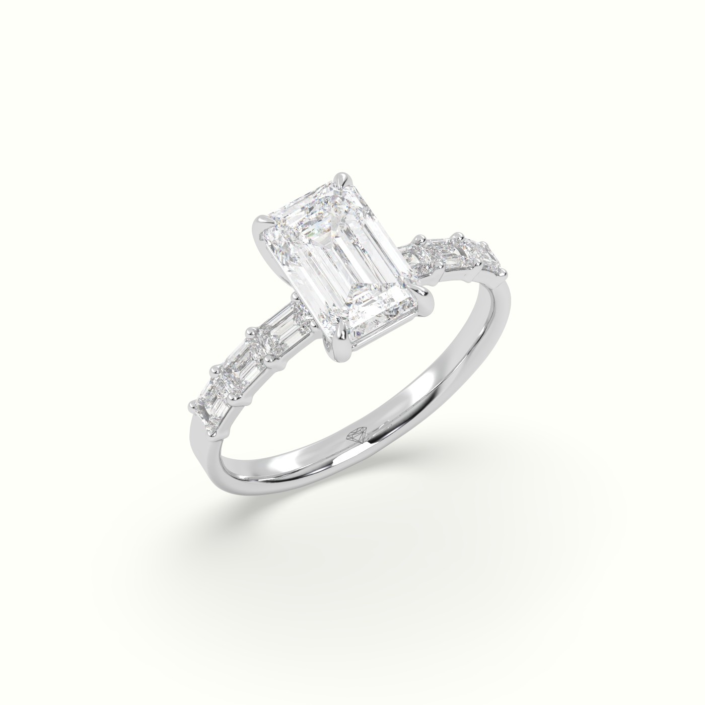 18K White Gold Emerald Cut Diamond Engagement Ring with Baguette Side Stones