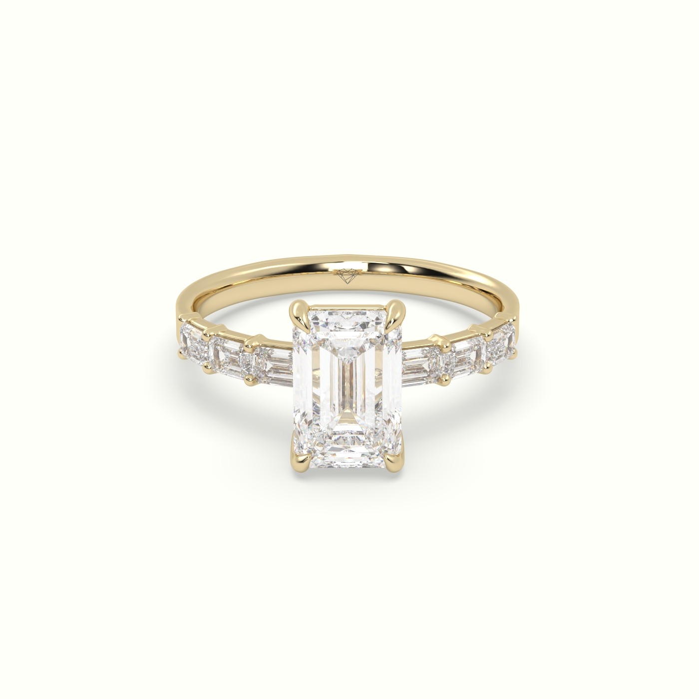 18K Yellow Gold Emerald Cut Diamond Engagement Ring with Baguette Side Stones